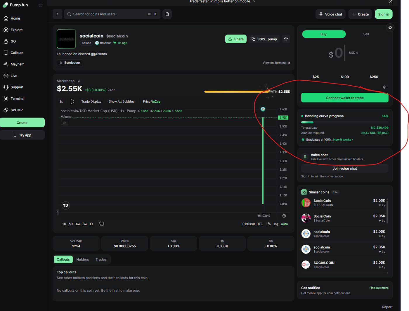 pump.fun coin page with the bonding curve progress panel circled