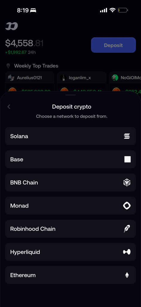 fomo deposit network chooser listing Solana, Base, BNB Chain, Monad and more