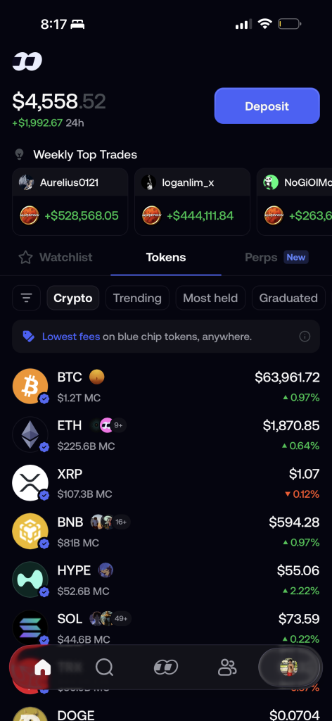fomo home screen showing dollar balance and token list