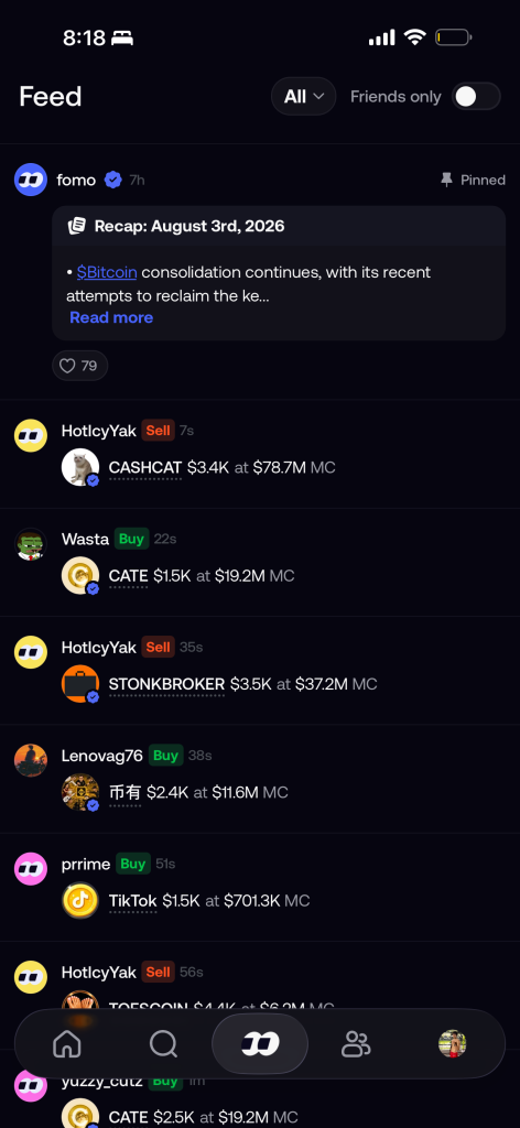fomo feed showing other traders' buys and sells in real time