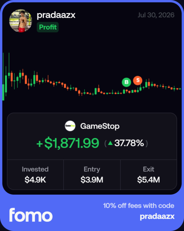 fomo share card of a GameStop token trade with referral code