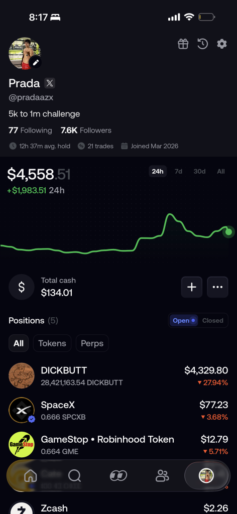 fomo trader profile showing 24-hour gain and open positions