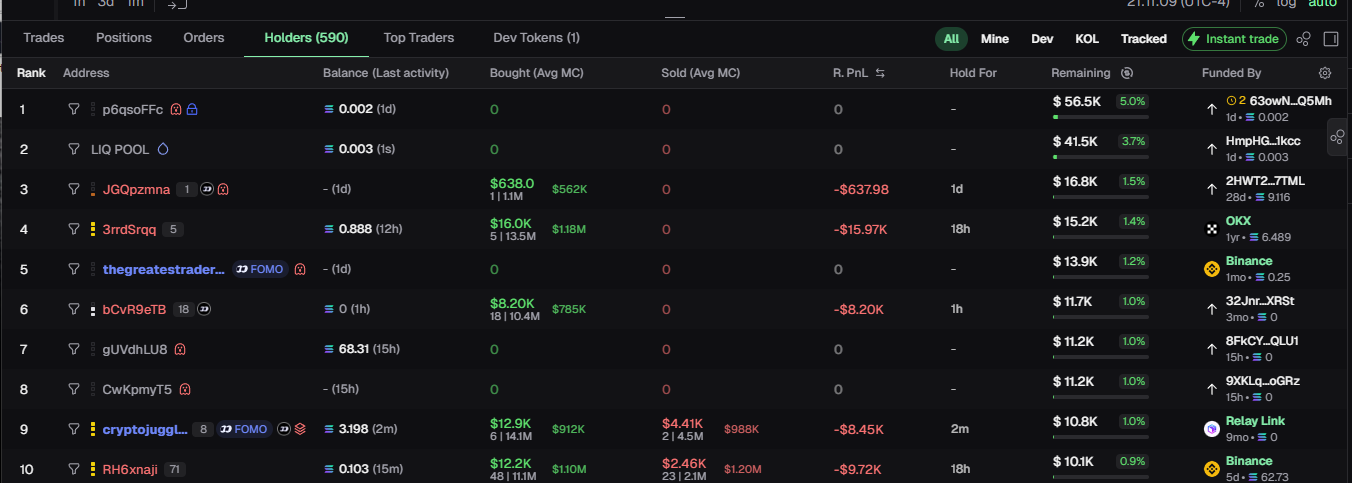 Terminal holders tab showing wallet ages and funding sources