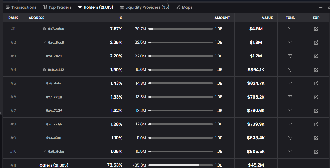 Holders tab listing the top ten wallets and their percentages