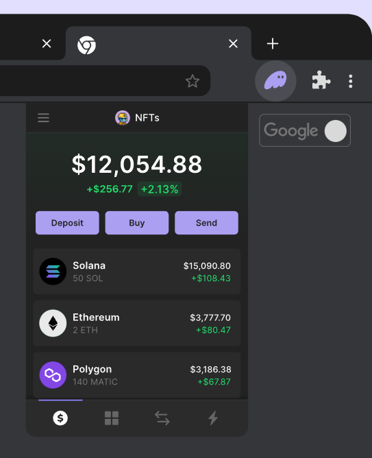 Phantom browser extension open in Chrome showing balances