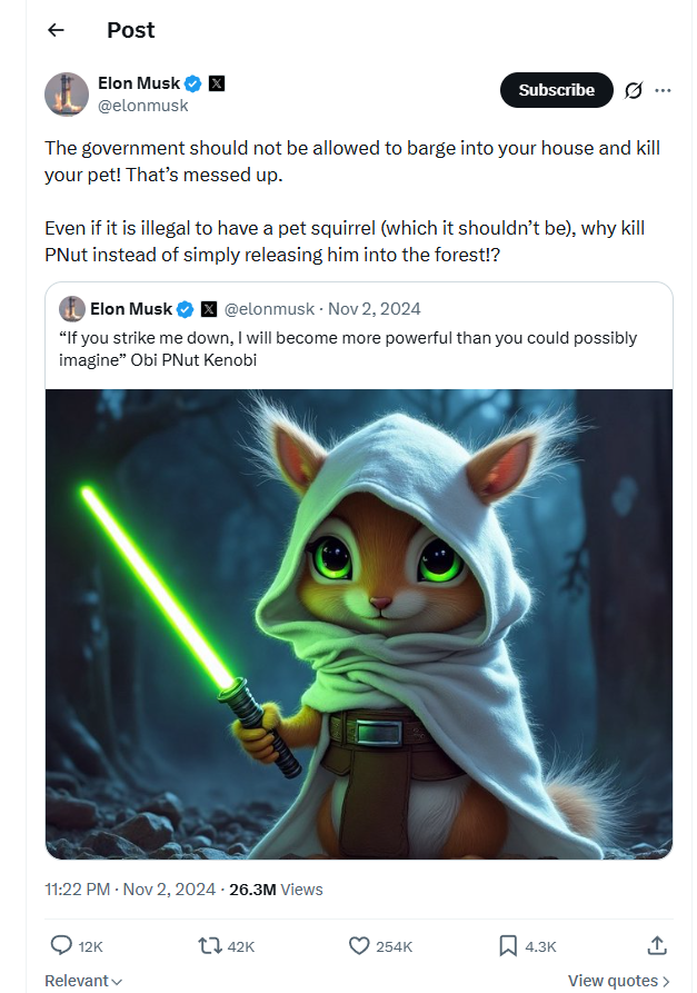 Second Elon Musk post about PNut with 26 million views