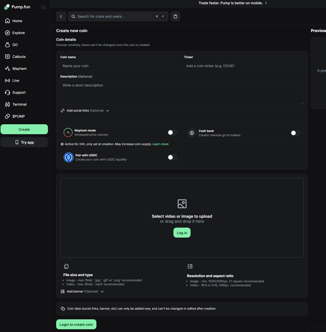 pump.fun create-new-coin form with name, ticker, and image upload