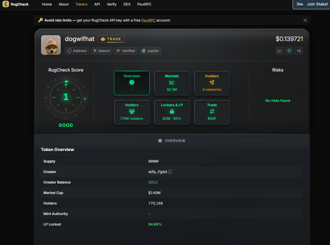 rugcheck.xyz report for dogwifhat showing a GOOD score and no risks