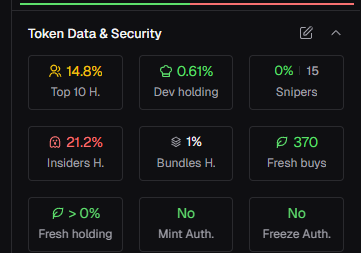 Terminal Token Data and Security panel with mint and freeze revoked